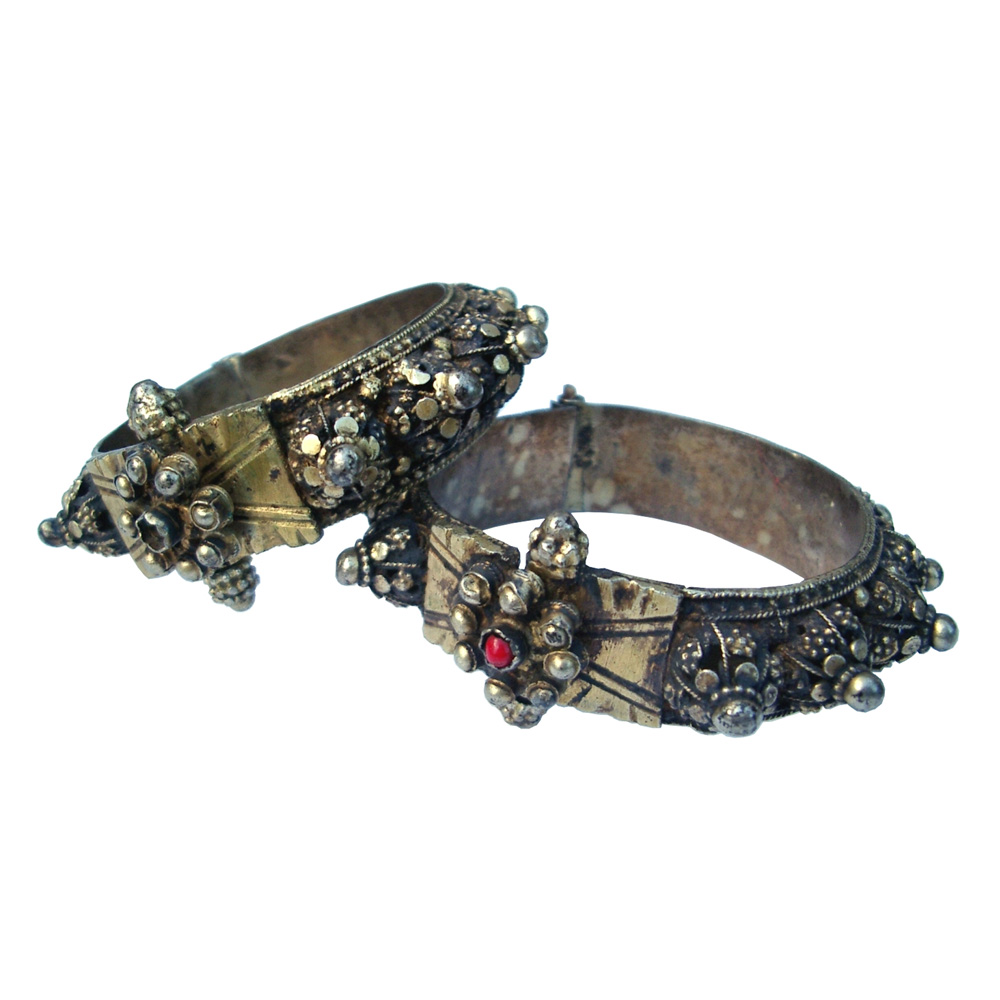 Pair of Minangkabau silver bracelets with rubies